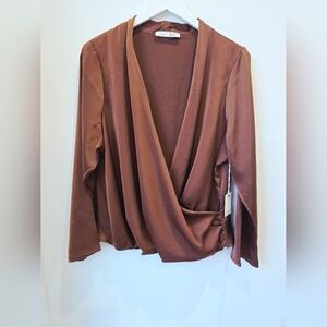DEX Elegant Brown Wrap Top Long Sleeve Ruched Size XL X